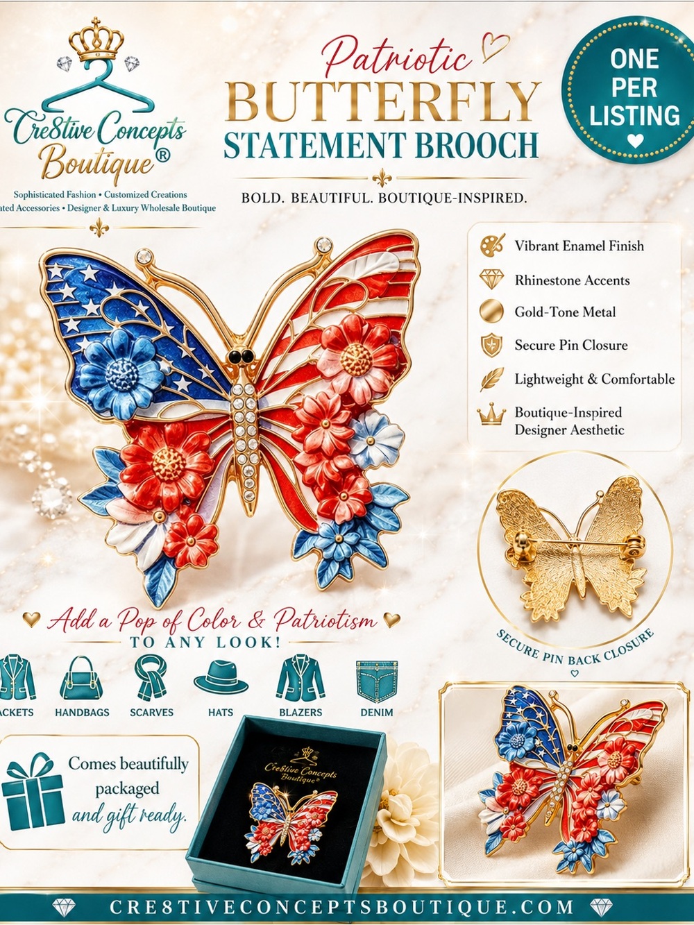 Patriotic Red White & Blue Crystal Butterfly Statement Brooch-ONE